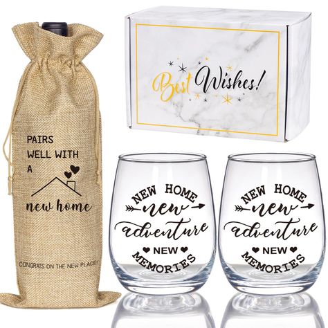 PRICES MAY VARY. 🏠BEST HOUSEWARMING GIFTS FOR NEW HOUSE: Closing on a new home is a really good feeling. Finally, the stress and tension of house hunting are relieved, and it’s time to celebrate. What better way to celebrate moving day than toasting to the new homeowners with a chilled glass of wine? 🎁SUITABLE FOR ANY OCCASION - MULTIPLE USES: Whether it’s for newlyweds couples, friends, family members, neighbors, or clients, the glasses and gift bag set should be your go-to house warming gift Best White Elephant Gifts, Real Estate Gifts, Wine Gift Set, Welcome Home Gifts, Best Housewarming Gifts, Women Friends, First Home Gifts, Realtor Closing Gifts, Fun House