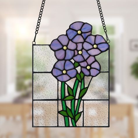 River of Goods Forget Me Nots in Bloom River of Goods Purple, Clear and Green Stained Glass Window Panel - 7.5" x 0.25" x 10" - Bed Bath & Beyond - 36855950 Flowers Stained Glass, Tiffany Style Lighting, L'art Du Vitrail, Forget Me Not Flowers, Flower Window, Stained Glass Window Panel, Stained Glass Flowers, Stained Glass Crafts, Forget Me Nots