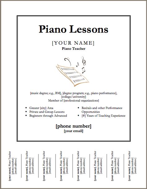 Downloadable template for a poster for piano lessons. except I can't really fill out the whole degree thing yet... Free Piano Lessons, Learn Violin, Violin Lessons, Free Flyer Templates, Piano Teaching, Piano Teacher, Learn Piano, Teaching Music, Piano Lessons