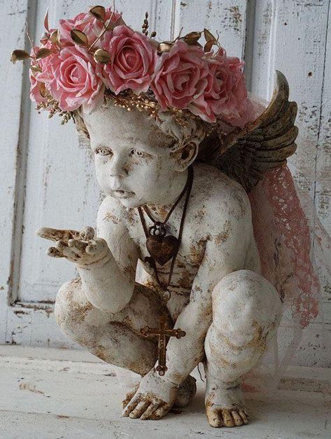 Cherub Statue, Anita Spero Design, Rose Crown, Angel Statue, Cherub Angel, Romantic Home Decor, Romantic Cottage, Angel Statues, Shabby Cottage