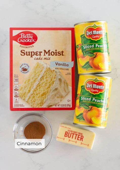 Easy Peach Cobbler with Cake Mix and Canned Peaches - Practically Homemade Peach Cobbler Recipe With Cake Mix, Can Peaches Recipes, Can Peach Cobbler, Cake Mix Peach Cobbler, Canned Peach Cobbler Recipe, Peach Desserts Easy, Peach Cobbler Cake, Cake Mix Cobbler, Peach Cake Recipes