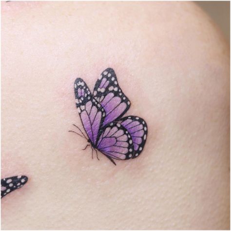 Lilac Tattoo With Butterfly, Purple Monarch Butterfly Tattoo, Purple Butterfly Tattoo Behind Ear, Blue Purple Butterfly Tattoo, Purple Butterfly Tattoo Designs, Light Purple Tattoo, Purple Butterfly Tattoos, Purple Butterfly Tattoo Small, Small Purple Butterfly Tattoo