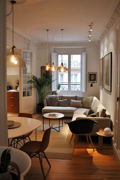 1br Condo Interior Design, Small Apartment Interior Design Ideas, Living Dining Room Combo Layout Small, Kitchen Dining Living Room Combo Small, Living Room And Dining Room Combo, Dining Room Layout Ideas, Cluttered Apartment, Small Kitchen Living Room Combo, Small Living Dining Room Ideas