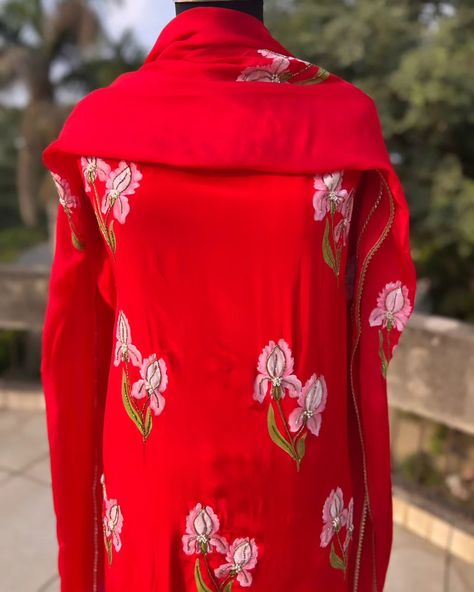 "Artistry meets elegance" : Iris blooms delicately hand-painted on a crimson canvas. Iris florals handpainted on a red crepe suit with taby silk dupatta. Florals are enhanced with hand embroidery all over kurta and dupatta. Shop now @inaayatbyaastha DM or comment for more queries. #inaayatbyaastha #handpaintedsuits #crimsonred #handpainteddupatta #handpaintedsuitsanddupattas #fashionlovers #trousseaushopping #giftideas #punjabisuits #tabysilk #tabysilkduppatta #crepesuit #floralsuit #flor... Kurta And Dupatta, Patterns Flowers, Hand Embroidery Patterns Flowers, Girly Dresses, Silk Dupatta, Punjabi Suits, Hand Embroidery Patterns, Embroidery Patterns, Hand Embroidery