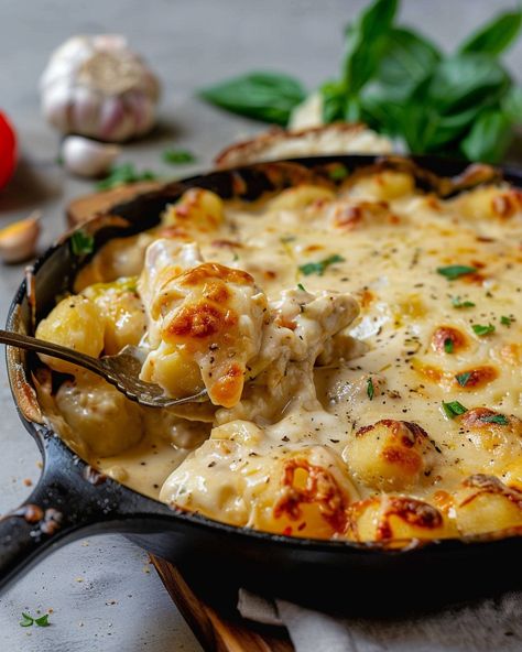 Dinner dilemma solved! This Creamy Chicken and Gnocchi Bake is a crowd-pleaser and oh-so-satisfying. Perfect for those busy nights! Fall Gnocchi Recipes, Alfredo Gnocchi Bake, Chicken Alfredo Gnocchi, Wife Meals, Gnocchi Meals, Autumn Dinner Recipes, Easy Fall Recipes Dinner, Alfredo Gnocchi, Creamy Chicken And Gnocchi