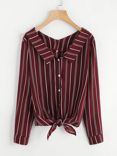 Shop Vertical Striped Knotted Hem Shirt online. SheIn offers Vertical Striped Knotted Hem Shirt & more to fit your fashionable needs. Collared Blouse, Hem Blouse, Women Blouses, Spring Shirts, Blouse Shirt, Fall Shirts, Shirt Women, Striped Shirt, Blouse Designs