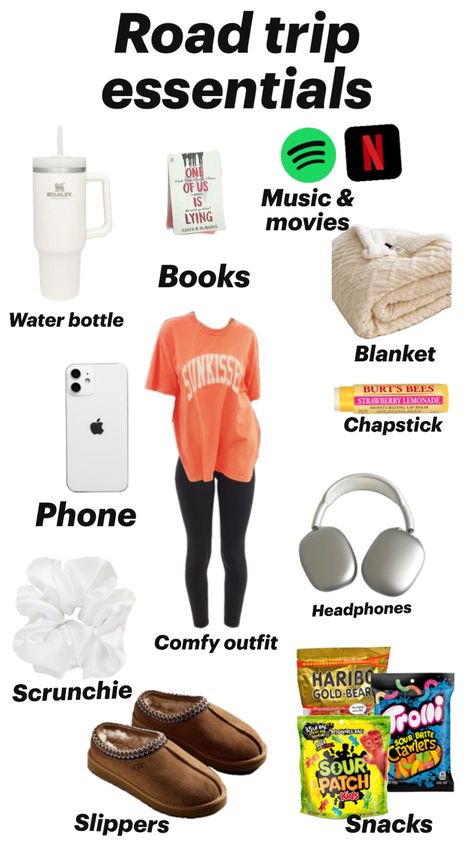 All you need for a long car ride! Long Car Ride Outfits, Car Ride Outfit, Packing List Kids, Trip Essentials Packing Lists, Road Trip Necessities, What To Pack For Vacation, Road Trip Bag, Road Trip Kit, Preppy Travel