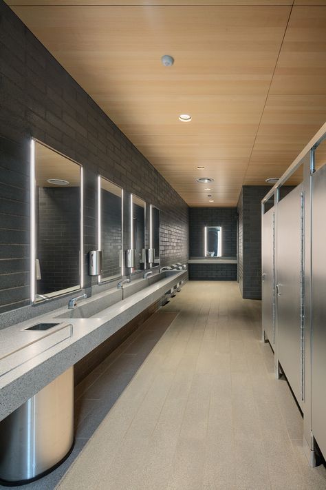 Public Restroom Design, Acoustic Baffles, Acoustic Ceiling Panels, School Bathroom, Building Interior, Restroom Design, Goose Creek, Public Bathrooms, Washroom Design