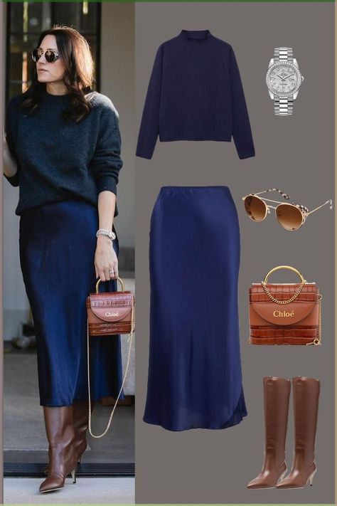 Mini Skirt Work Outfit Winter, Knee High Blue Boots, Navy Blazer And Dress Outfit, Knee High Brown Leather Boots Outfit, Navy Blue And Brown Outfits For Women, Navy Leather Skirt Outfit, Navy Blue Office Outfit, Satin Winter Outfit, Navy Satin Midi Skirt Outfit