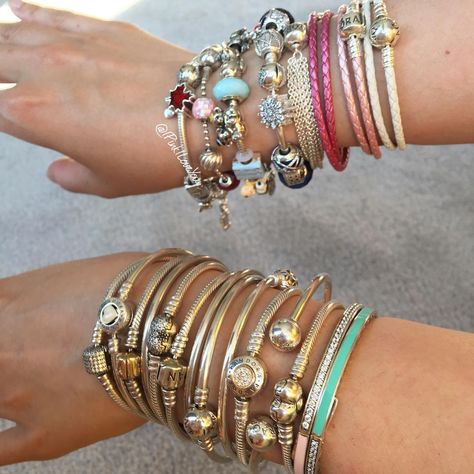 IPinkILoveYou on Instagram: “Stacking for fun 💪💪#pandora #pandorabracelet #pandorabangle #theofficialpandora #myarmparty #pandorajewelry #mypandora #mypandorastory…” Pandora Design, Bangle Stack, Pandora Bangle, Stacked Bangles, Pandora Bracelet, Bracelet Stack, Sense, Bangles, Bracelet