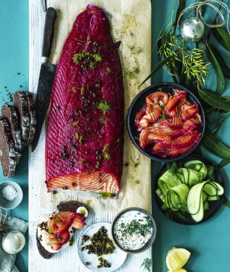 RecipeTin Eats x Good Food: Beetroot-cured salmon with horseradish cream Recipe | Good Food Beetroot Salmon, Beetroot Cured Salmon, Cured Salmon Recipe, Ethiopian Lentils, Cured Salmon, Seafood Feast, Horseradish Cream, Elegant Appetizers, Bistro Food