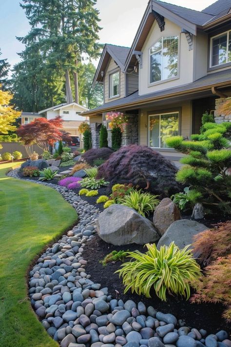 Garden Rock Landscaping, Landscaping Around Well, Sunflower Landscaping Ideas, Garden With Rocks Front Yards, Shale Rock Landscaping, Clean Landscape Ideas, Aloe Vera Landscape Design, Tree Rocks Landscaping, Garden Path Landscaping