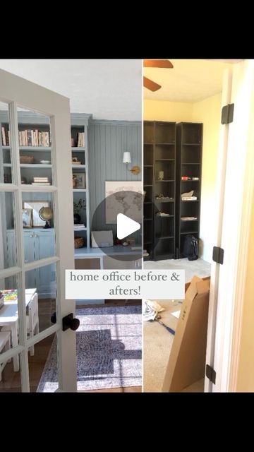 Callie Plemel on Instagram: "Before and after: our home office/playroom for the #oneroomchallenge2021. Please judge us accordingly for the “befores” 😬😂. We turned these Ikea shelves left over from the previous homeowners into a built in desk and storage unit! 

#oneroomchallenge #diy #diyprojects #reels #reelgrowth #diyreels #beforeandafter #beforeandafterreels #renovation #renovationproject #homeofficeideas #homeoffice #ikeahack #ikeahacks #diyhousetohome #builtins #builtinshelves #smmakelifebeautiful #cljsquad #housetohome #hometakestime #homeonharbor #officegoals #playroomdecor #howyouhome #beforeafter #ohioblogger" Built In Desk And Storage, Desk And Storage, Office Playroom, Ikea Shelves, Built In Desk, Left Over, Built In Shelves, Playroom Decor, Renovation Project