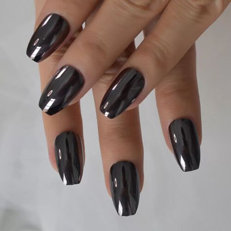 Short Black Chrome Nails, Black Chrome Nails Coffin, Black Metallic Nails, Black Chrome Nails, Long Nail Beds, Kiss Press On Nails, Ballerina Coffin, New Years Nail Designs, Wide Nails