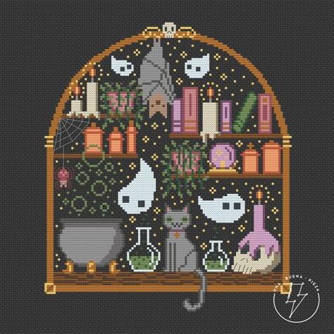 Witchy Desk, Gothic Shelf, Gothic Cross Stitch, Modern Gothic, Gothic Cross, Halloween Cross Stitches, Pixel Pattern, Crochet Tapestry, Embroidery Inspiration