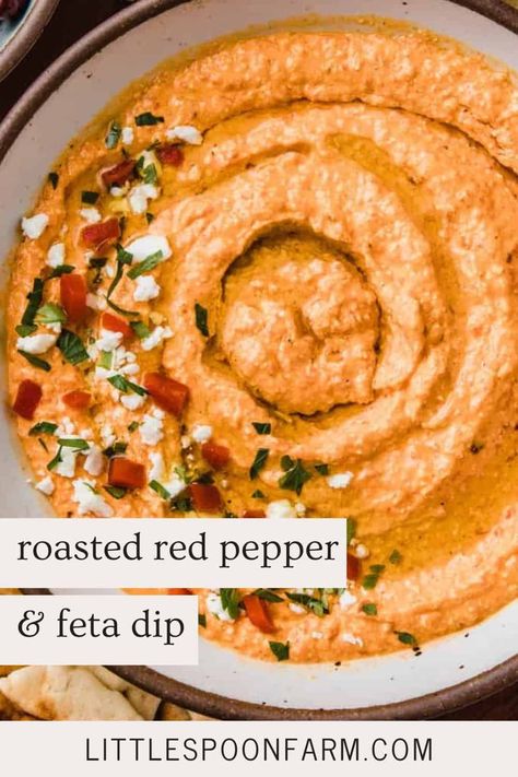 This creamy roasted red pepper and feta dip is made with roasted red bell peppers, feta cheese, garlic, lemon juice, red pepper flakes, and olive oil. It's an easy appetizer to make for parties. Roasted Feta Dip, Roasted Pepper Feta Dip, Red Pepper Dip Cream Cheese, Roasted Red Pepper Ideas, Bell Pepper Dip Recipes, What To Do With Red Bell Peppers, Feta Pepper Dip, What To Make With Roasted Red Peppers, Roasted Red Pepper And Feta Dip