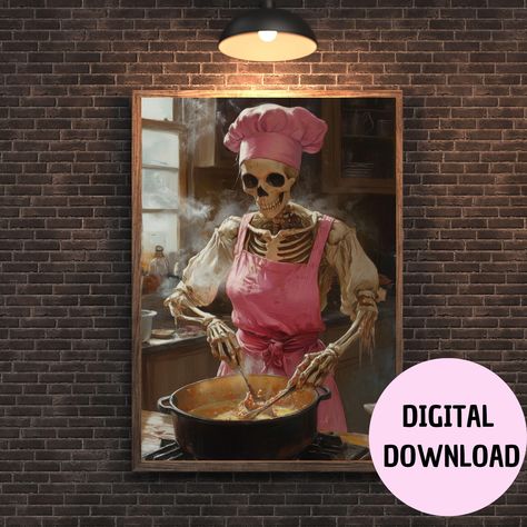 Skeleton Woman Chef Wall Art, Pink Apron Kitchen Decor,Digital Download,home wall decor, kitchen decor,skeleton art ,spooky kitchen decor Skeleton Woman, Spooky Kitchen, Pink Apron, Wall Decor Kitchen, Apron Kitchen, Wall Art Pink, Skeleton Art, Art Pink, Kitchen Cooking