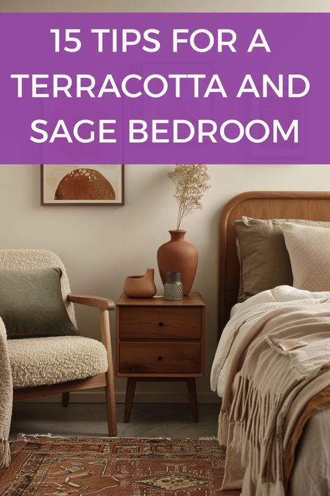 Make a stunning terracotta and sage bedroom using these decor tips. Rust And Sage Decor, Terra Cotta And Sage Bedroom, Green And Terracotta Color Scheme Bedroom, Terracotta Sage Bedroom, Sage And Terracotta Bedroom, Rust Bedroom Ideas, Green And Terracotta Bedroom, Hunter Green Bedrooms, Terracotta Bedroom