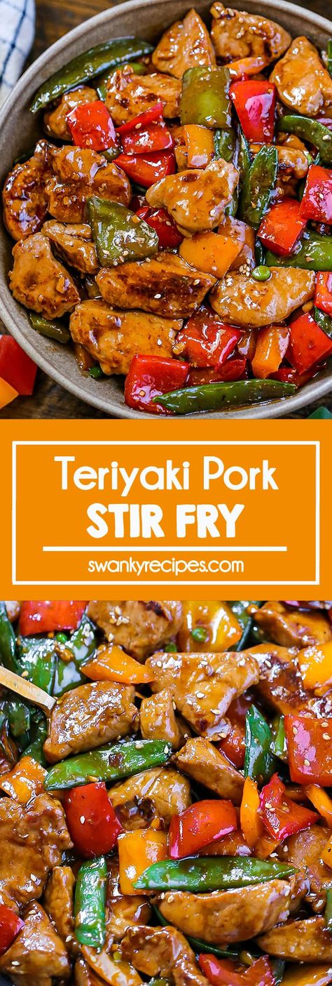 Teriyaki Pork Stir Fry - The BEST Asian stir fry with pieces of tender pork, bell peppers, and snow peas in a tasty teriyaki sauce. Asian Pork Dinner Recipes, Pork And Bell Pepper Recipe, Pork With Bell Peppers, Stir Fry Pork Tenderloin, Teriyaki Pork Stir Fry Recipes Easy, Pork And Pepper Stir Fry, Pork Tenderloin Pieces Recipes, Pork Tenderloin Chinese Recipes, Pork Meals Easy