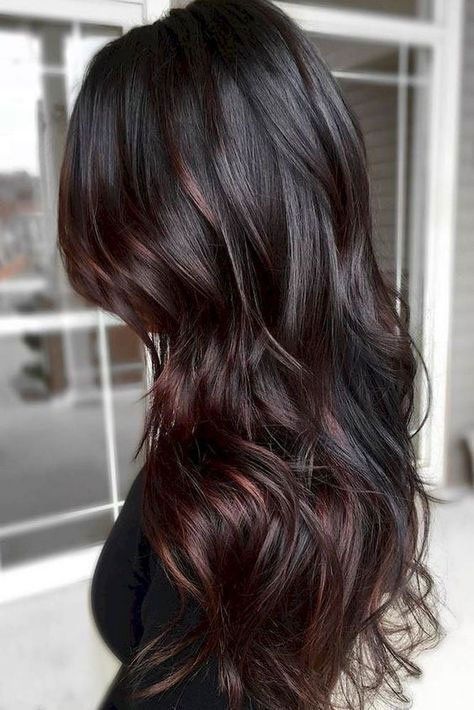 Black Hair with Cherry Cola Balayage Long Dark Brown Hair, Brunettes Balayage, Coffee Brown Hair, Black Hair Balayage, Kadeřnické Trendy, Brown Ombre Hair, Red Brown Hair, Black Hair With Highlights, Balayage Color