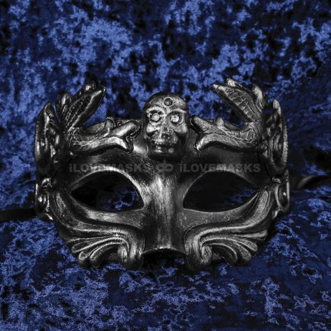 This Silver Halloween Roman Eye Mask Is Made From Rubber. Decorated With Skull Face With Rhinestone In The Eyes. The Mask Is About 9" Tall And 6" Wide. The Masquerade Mask Will Make A Great Costume Accessory. Great For A Halloween Event, Masquerade Ball, Venetian Costume The Mask Is Approximately 4" Tall And 6" Wide May Also Be Used As A Display Piece Hand-Painted With An Aged Finish Built-In 2 Ribbon Tie Color: Silver Usm-M3212-Bksv Fire Mask Design, Men Masquerade Mask, Masquerade Ball Aesthetic Dark, Male Masquerade Outfit, Male Masquerade Mask, Skull Masquerade Mask, Masquerade Mask Men, Halloween Masquerade Costume, Ballroom Extravaganza