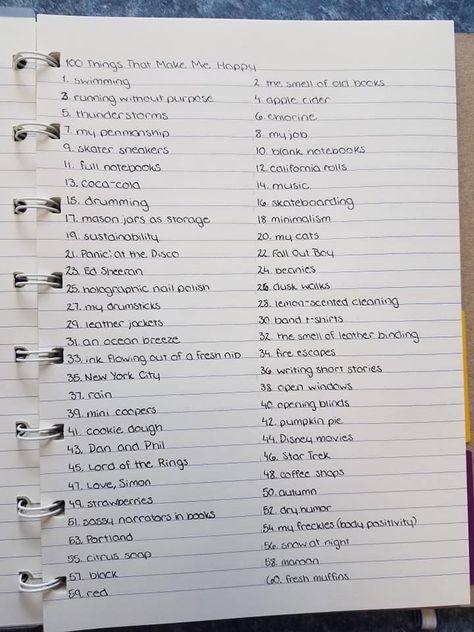 One Hundred Things that Make You Happy: This is an excellent activity for the beginning of the school year. Ask students to make a list of "100 things that make me happy." It's a great prompt to think about and the children may start to slow down and claim that they can't think of a hundred things. It makes for a nice challenge that they can work on during the first week(s) of school. End result? Makes for a great pick me up when they're feeling down. List Of Things That Make Me Happy, Cute Lists To Make, Things That Make Me Happy List Journal, Check Only What You Did This Year List, Little Things That Make Me Happy List, Things That Make Me Happy List, What Makes Me Happy List, Things To Make You Happy, Things To Make Me Happy