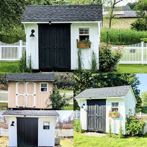 Black And White She Shed, White And Black Shed Exterior, Black Shed White Trim, Black And White Shed Exterior, White Shed With Black Trim, Paint Shed Ideas, White And Black Shed, White Shed Black Trim, Shed Painting Ideas Exterior Colors