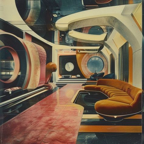 Downloadable digital vintage vignettes Googie Architecture Interior, Retro Futurism Office, Retro Futuristic Architecture, Retrofuturism Decor, Retro Futurism Interior Design, Futurism Interior Design, Futuristic Office Interior, Retro Futurism Design, Retro Futurism Interior