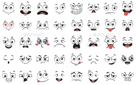 Cartoon Faces Expressive Eyes and Mouth Smiling by tartila | GraphicRiver Comic Faces, Cartoon Faces Expressions, Emoji Clipart, Doodle People, Comic Face, Eye Illustration, Drawing Cartoon Faces, Graphisches Design, Expressive Eyes