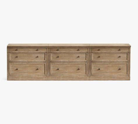 Livingston 105'' Media Console with File Cabinets | Pottery Barn Media Furniture, 9 Drawer Dresser, Entertainment Console, Dovetail Joinery, Console Cabinet, Lateral File Cabinet, File Cabinets, Media Cabinet, Wood Drawers