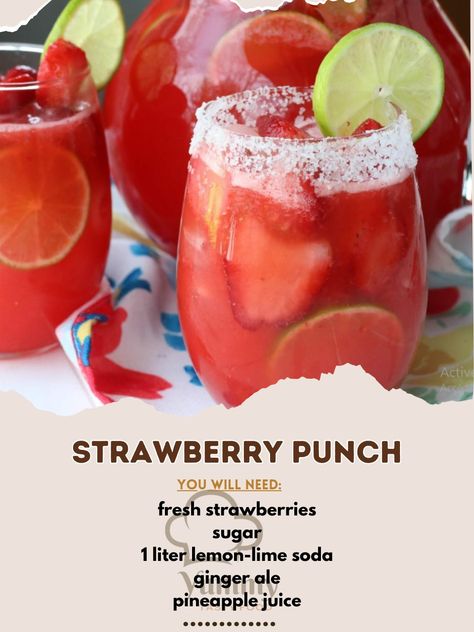 🍓 Refresh and delight with Strawberry Punch! Perfect for parties or a sunny day sip. #StrawberrySeason #PunchTime Strawberry Punch Recipe 🍹 Ingredients: 500g fresh strawberries, hulled and halved 100g sugar 1 liter lemon-lime soda 500ml ginger ale 500ml pineapple juice Ice cubes Lemon slices and mint leaves for garnish Instructions: In a blender, puree the strawberries with sugar until smooth. Pour the strawberry puree into a large punch bowl. Add lemon-lime soda, ginger ale, and pineappl... Drink Themed Party, Diy Drinks Nonalcoholic, Homemade Punch Recipes, Brunch Punch Recipes, Strawberry Drinks Non Alcoholic, Party Punch Recipes Alcoholic, Punch Bowl Recipes, Sweet Cocktail Recipes, Punch Recipes Non Alcoholic