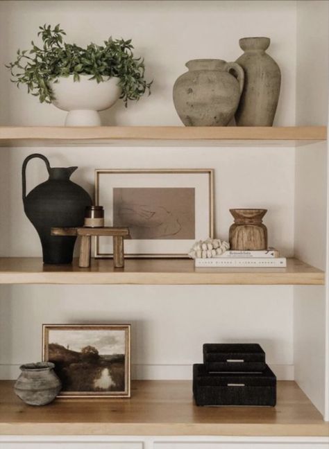 Click the link to shop! Large Shelves Decor, Tall Shelf Decorating Ideas, Natural Wood Office Decor, Living Room Shelf Decor Ideas, Decorating Built Ins, Living Room Floating Shelves, Styling Built In Shelves, Shelf Styling Living Room, Modern Shelf Decor