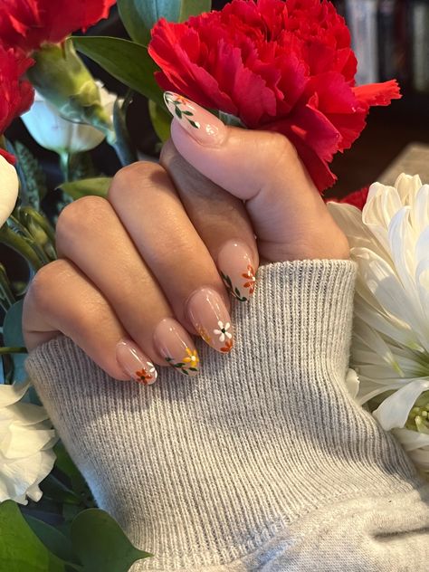 Floral Nail Tips, Floral French Tips, Fall Nail Brown, Ballerina Nails Fall, Autumn Flower Nails, Autumn Wedding Nails, Flower Tip Nails, Brown Nails Coffin, Fall Nails Diy