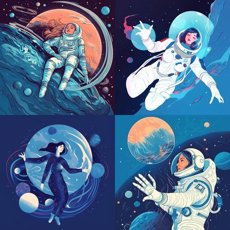 Floating In Space Pose, Aries Moross, Plan Illustration, Astronaut Floating In Space, Woman Floating, Illustration Space, Outer Space Art, Space Scene, Astronaut Illustration