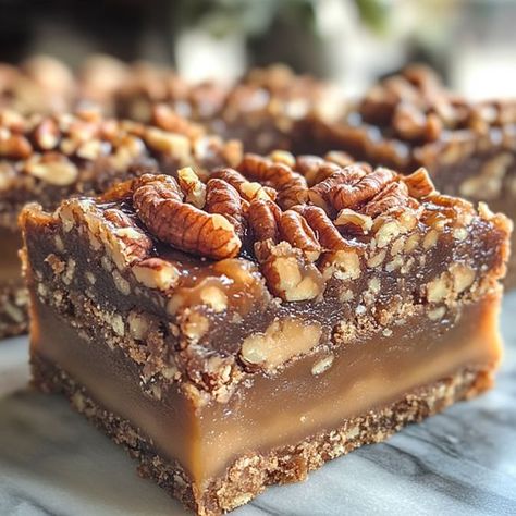 Caramel Pecan Dream Bars are a delightfully indulgent treat that combines a buttery crust, gooey caramel, and crunchy pecans into one irresistible dessert. They’re not overly sweet but have just the right amount of richness to satisfy your sweet tooth.     I think these bars are perfect for any occasion, whether it’s a holiday gathering, a potluck, or just a cozy night in. And if you’re not a fan of nuts, feel free to omit the pecans—they’ll still be undeniably delicious! If you’re looking for Caramel Pecan Dream Bars, Pecan Dream Bars, Pecan Desserts Recipes, Pecan Desserts, Dream Bars, Pecan Bars, Gooey Caramel, Dessert Bar Recipe, Candy Recipes Homemade