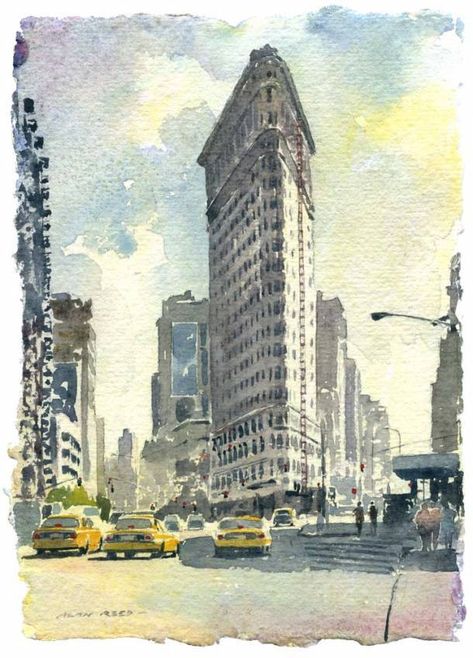 Nyc Aesthetic Wallpaper, Flatiron Building Nyc, New York Prints, New York Illustration, New York Painting, Building Painting, Typography Artwork, Building Drawing, Watercolor Architecture