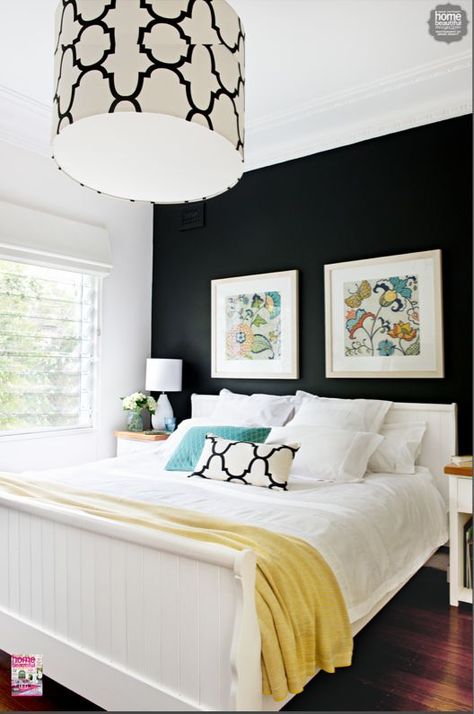 This bedroom is full of modern twists with dark walls and light decor. Bright Bedding, Black Accent Wall, Muebles Shabby Chic, Black Accent Walls, Bedroom Bliss, Bedroom Accent, Accent Wall Bedroom, Decoration Inspiration, Black Walls