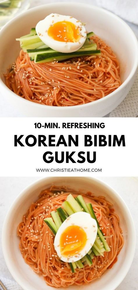 10-min. Korean Bibim Guksu aka as Korean Mixed Noodles. These cold, spicy, tangy noodles are the most delicious way to cool down. #what to eat with kimchi #simple food recipes #korean food #korean recipe #noodle Konjac Noodles Recipes, Korean Noodle Recipes, Cold Noodles Recipes, Bibim Guksu, Simple Food Recipes, Glass Noodles Recipe, Recipes Korean, Korean Recipe, Vegan Kimchi