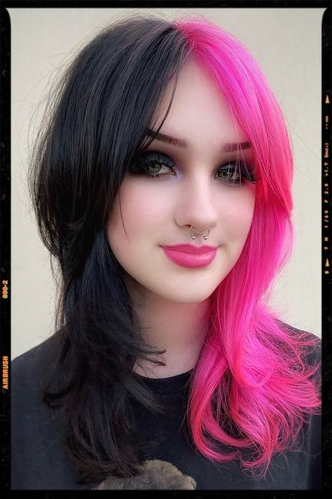 Wolf Cut Hair Wolf Cuts, Half Dyed Hair, Bright Pink Hair, Pink And Black Hair, Magenta Hair, Ultra Beauty, Split Dyed Hair, Hot Pink Hair, Vivid Hair Color