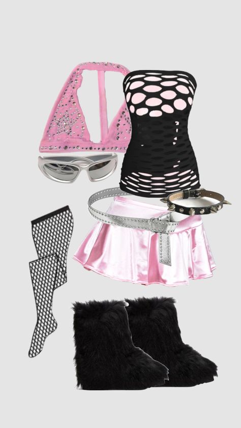 #aaliyahcore aaliyah core inspired outfit fishnets #furboots Fishnet Top Outfit, Aaliyah Core, Core Outfits, Casual Goth, Barbie Wardrobe, Fishnet Top, Boho Grunge, Future Style, Really Cute Outfits