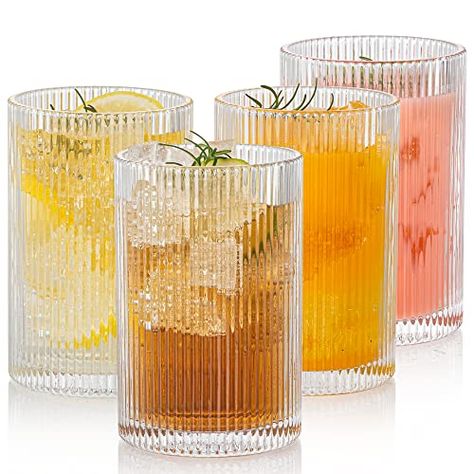 POLIDREAM Vintage Ribbed Glassware Set: 4pcs 16.9oz XL Drinking Glasses, Fluted Ripple Drinkware, Origami Style, Elegant Glassware for Whiskey, Cocktail, Iced Coffee, Juice, Beer, Soda Whiskey Soda, Ribbed Glassware, Whiskey Cocktail, Vintage Drinking Glasses, Drinkware Sets, Stylish Glasses, Glass Cups, Bar Glassware, Glass Straws