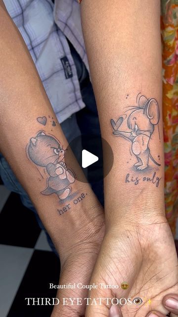 𝐓𝐡𝐢𝐫𝐝 𝐄𝐲𝐞 𝐓𝐚𝐭𝐭𝐨𝐨𝐬 👁️✨ on Instagram: "Couple Tattoo 😍 For more ideas and custom Tattoo designs ✨ For Appointments Call : 8883531313☎️ . . . #artist #art #love #couplelove #tamil #coupletattoos #matchingtattoos #coimbatore #tattoostudio #fashion #beautifulart #cartoon #tom #jerry" Cartoon Art Tattoo Design, Cartoon Couple Tattoos, Couple Tattoos Cartoon, Couples Tats, Black Couples Tattoos, Matching Tattoos Couples Cartoon, Tom And Jerry Couple Tattoo Ideas, Matching Stitch Tattoos For Couples, Tom And Jerry Couple Tattoo