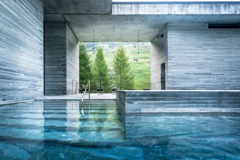 Vals at a Glance | Graubünden Tourism 7132 Hotel, Vals Switzerland, Brown Beach House, Therme Vals, Morphosis Architects, Hotel Landscape, Lebbeus Woods, Switzerland Hotels, Shigeru Ban