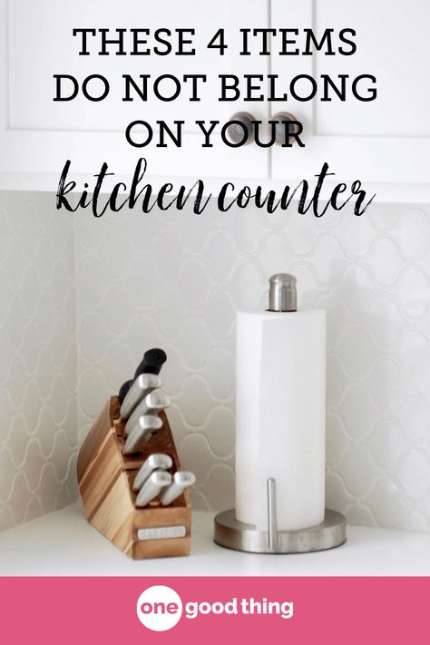 Time to declutter your kitchen counter? Start here to decide what to store on your kitchen countertop, and what to store elsewhere. Kitchen Counter Ideas Organizing, Decorating Small Kitchen Countertops, Clean Counters Kitchens, How To Set Up Kitchen Counters, How To Declutter Kitchen Countertops, Kitchen Counter Soap Display, Kitchen Counter Art, Hiding Cords On Kitchen Counter, Small Kitchen Counter Styling