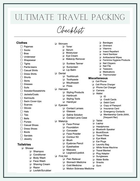 travel packing checklist printable Travel Checklist Printable, Trip Essentials Packing Lists, Freetime Activities, Packing Essentials List, Travel Packing Checklist, Road Trip Packing List, Road Trip Packing, Travel Packing List, Checklist Printable