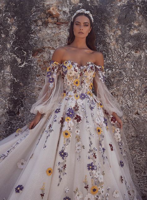 Floral Sparkle Wedding Dress, Sunflower Wedding Dress, Boho Professional, Panama Wedding, Wedding Dress Floral Lace, Elopement Dresses, Rapunzel Wedding, Mesh Wedding Dress, Floral Ball Gown