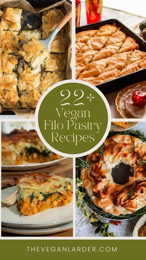 Filo pastry (also known as phyllo dough) is the perfect vegan pastry. Why not try one of these great vegan filo pastry recipes! It's flaky and delicious, and makes great appetizers and pies. Make some vegan baklava or try some vegan spanakopita! Phyllo Dough Pumpkin Pie, Mushroom Strudel Phyllo Dough, Phyllo Dough Tart, Phyllo Pie Crust, Savory Phyllo Recipes, Vegan Phyllo Recipes, Gluten Free Phyllo Dough Recipes, Filo Dough Appetizers, Phylo Pastry Appetizers