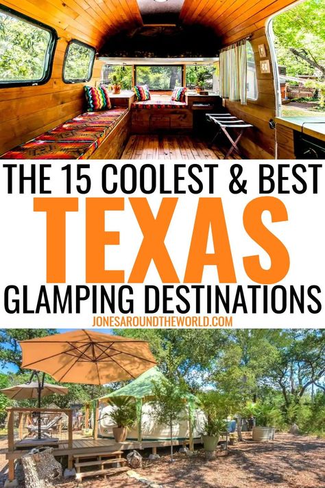 Planning a trip down to Texas? Glamping is the best way to experience the wilds of this state, and my list of the best Texas glamping is the place to find your perfect match! It's safe to say that Texas has the space to put on some seriously epic getaways! The Lone Star State is home to simply beautiful natural landscapes in between its sprawling big cities and authentic small towns, so glamping in Texas really offers so much beyond a comfy tent. #glamping #texas #camping #visittexas #travel North Texas Travel, Glamping Texas Hill Country, Best Texas Vacation Spots, Texas Road Trips Weekend Getaways, Glamping In Texas, Texas Camping Spots, Texas Must See Places, Texas Vacation Ideas, Texas Glamping