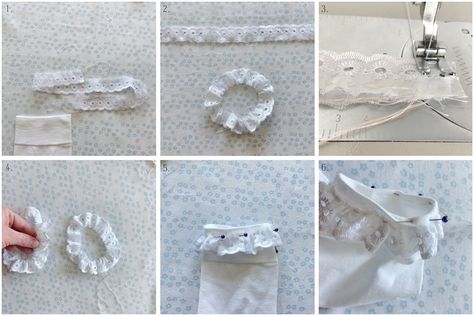 Diy Lace Socks, Diy Baby Socks, How To Make Ruffles, How To Make Socks, Diy Lace Trim, Socks Diy, Diy Ruffle, Frilly Socks, Lace Diy