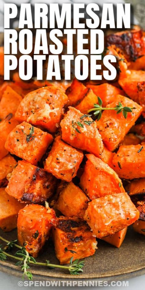 Serve these parmesan roasted sweet potatoes as an easy side dish with chicken, pork chops, or ham. We love the taste of sweet potatoes with parmesan & garlic, roasted until crispy! #spendwithpennies #parmesansweetpotatoes #recipe #sidedish #parmesanroastedpotatoes #sweetpotatoes #roastedpotatoes #roastedsweetpotatoes #crispy #easy #oven Side Dish With Chicken, Parmesan Roasted Sweet Potatoes, Crispy Sweet Potatoes, Sweet Potatoes In The Oven, Roasted Sweet Potato Cubes, Lemon Roasted Potatoes, Sweet Potato Oven, Sweet Potato Side Dish, Sweet Potato Recipes Roasted